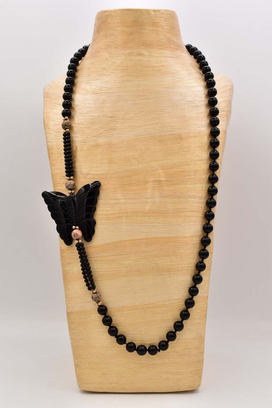 Vintage Black Beaded Necklace Carved Butterfly Pendant Statement Glass BinG